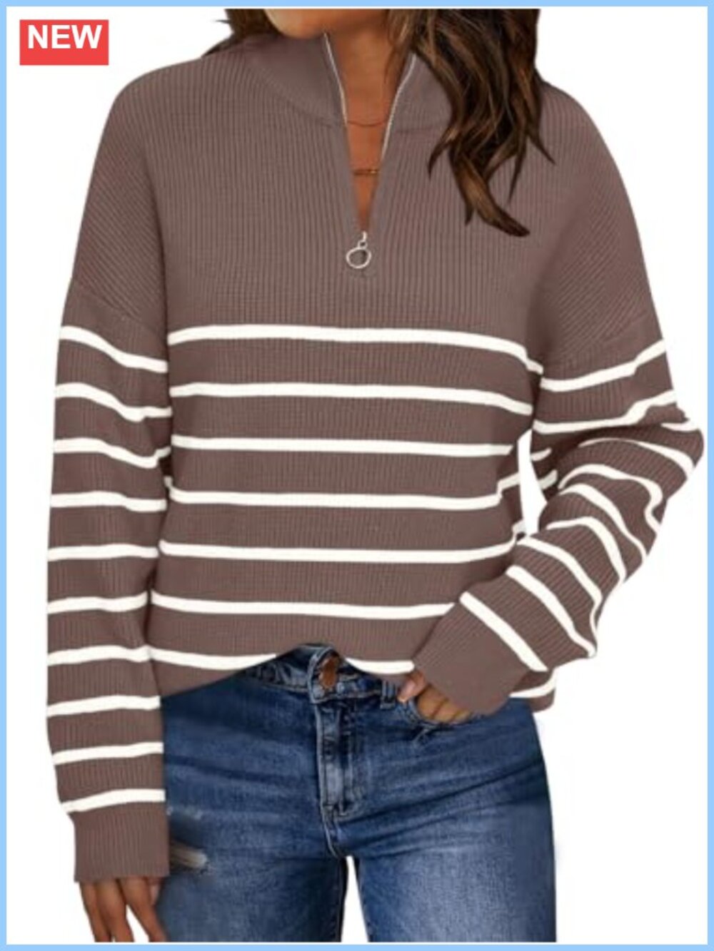 Striped Quarter Zip Oversized Pullover Sweater Ribbed Knit Mock Neck Long Sleeve
